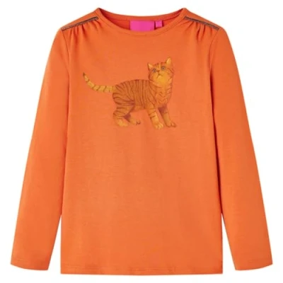 Afbeelding van Kindershirt met lange mouwen kattenprint 104 oranjebruin