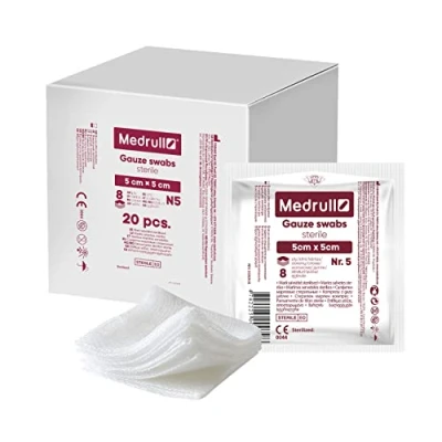 Afbeelding van Medrull Mullwattenstaafjes Steriel 5cm x niet klevende wondkussens Extra absorberend 8 laags verpakt 5 stuks 20 papieren zakken (100 stuks)