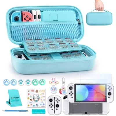 Afbeelding van Switch OLED accessoiresbundel innoAura 18 in 1 bundel met NS Case, Game schermbeschermer, standaard, duimgrepen (Blauw)