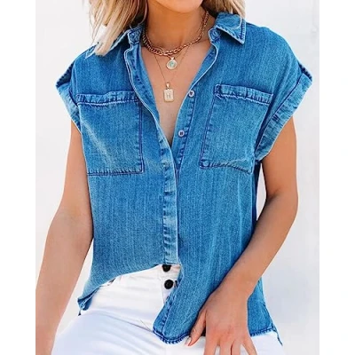 Afbeelding van Blouse Dames, Dames Denim Zomer Vintage Wassen Vervaagde V Hals Shirts Tops Casual Losse Button Down Mouwloze Blouses Tuniek Distressed Chambray Jean Western Shirts,Blue,L