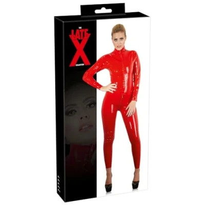 Afbeelding van LateX Erotische Bondage Catsuit met Rits Sluiting bij Borsten en Kruis Spanning Verzekerd Maat XL Rood