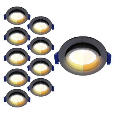Afbeelding van Voordeelpak 10x Led inbouwspot badkamer zwart, dim to warm (3000K 2000K), kantelbaar, 5W vervangt 50W, zaagmaat Ø75mm, buitenmaat Ø85mm, 23mm diep