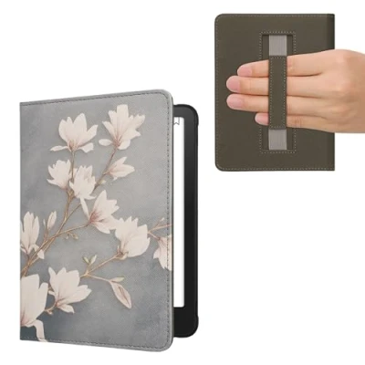 Afbeelding van kwmobile E reader hoesje geschikt voor Amazon Kindle Paperwhite (2024)/Colorsoft hoes flip case met magneetsluiting Ereader cover Magnolia design in taupe / wit blauwgrijs