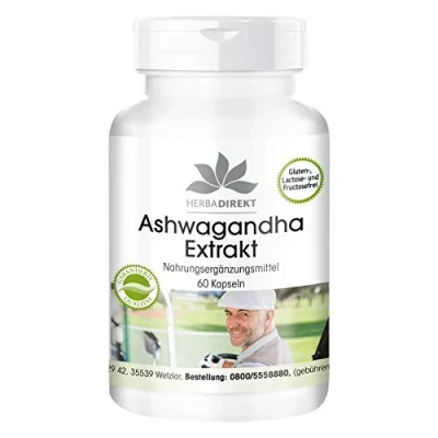 Afbeelding van Ashwagandha capsules 1000mg per dagelijkse dosis hoge dosering veganistisch 5% withanolide 60 HERBADIREKT by Warnke Vitalstoffe Duitse apothekerskwalitei