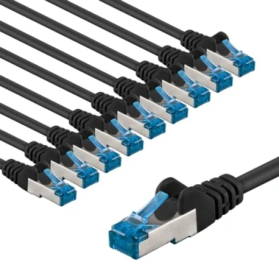 Afbeelding van goobay 66045 CAT 6a netwerkkabel set van 10 / patchkabel afgeschermd S/FTP/CU ethernetkabel, PiMF, LSZH/Cat kabel met Gbits/zwart x 2 m