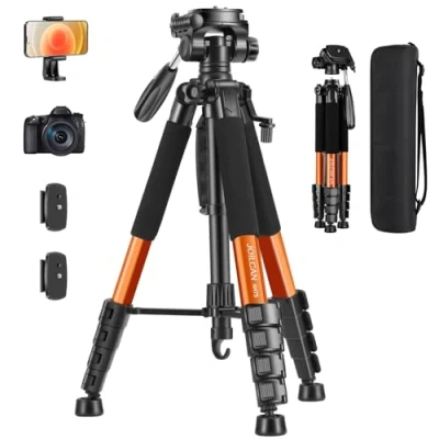 Afbeelding van JOILCAN camerastatief voor Canon Nikon, 188 cm lichtgewicht DSLR statief, camerastandaard met afneembare kop en universele telefoonhouder, hoog versterkt aluminium statief vlog live streaming (oranje)