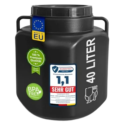 Afbeelding van plasteo® 40 liter brede hals met deksel en handgrepen, rechthoekig, zwart, geschikt voor levensmiddelen BPA vrij, kunststof vat, universeel dekselvat, watervat, regenton, opslagvat