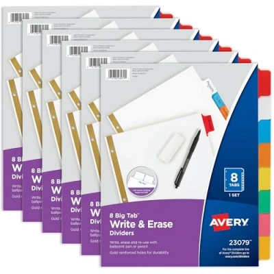 Afbeelding van AVERY 8 Tab Binder Dividers, schrijven en wissen veelkleurige grote tabbladen, 6 sets, schoolmap organizers (23079) 73079