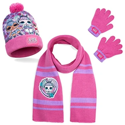 Afbeelding van L.O.L. Surprise! Hoed sjaal en handschoenen set, fijn gebreide warme pompon hoed, LOL poppen winterhoeden voor kinderen met Kitty Queen, Queen Bee, Hop Eenhoorn Geschenken meisjes, 3 delige