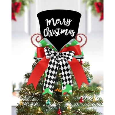 Afbeelding van KAHEIGN Kerstboomtopper, 25 cm grote zwarte kerstboom hoge hoed met peperkoek en geruite strik lint voor thuis, kerstvakantie, winterfeest, decoratie, desktopornamenten
