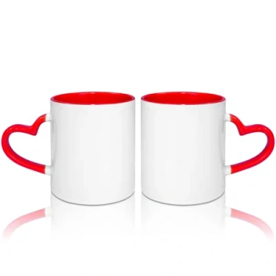 Afbeelding van MR.R 11oz sublimatie lege koffiemokken, beker blanco witte mok met rode kleur binnen en hart handvat, set van 2