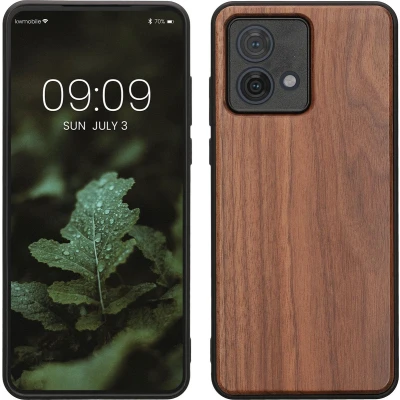 Afbeelding van kwmobile telefoonhoesje geschikt voor Motorola Moto G84 5G Hoesje met bumper in donkerbruin Backcover hout