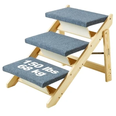 Afbeelding van VEVOR houten trap/huisdiertrap, 2 in 1 opvouwbare hondentrap voor bedden, bank en auto, oprit met 3 treden kleine, middelgrote grote huisdieren, tot 68 kg