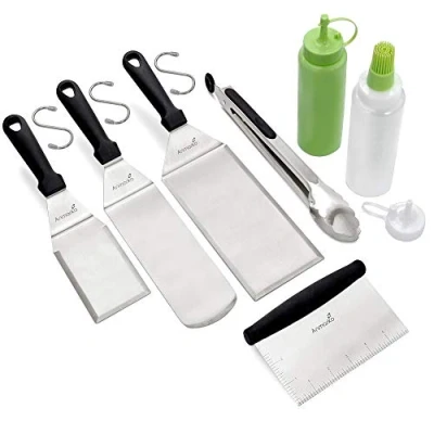 Afbeelding van metalen spatel en schraper set bakplaat accessoires kit grilltang platte pannenkoek flipper hamburger turner knijpflessen gebruiksvoorwerp geweldig voor BBQ Grill Flat Top