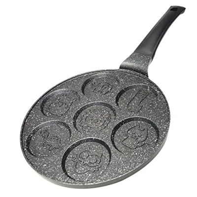 Afbeelding van 4BIG.fun Pancakes pan Ø 26 cm oogpan coating inductie koekenpan 7 gaats motief dieren pannenkoeken Oladji gegoten aluminium braadpan eierpan mini spiegeleieren blind poffertjes