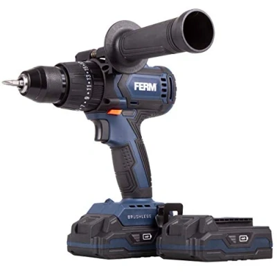 Afbeelding van FERM CDM1138 accu klopboormachine 20V Koolborstelloos 46Nm Incl. 2x 2.0Ah snel lader opbergkoffer 3 functies Boren Klopboren Schroeven Metalen boorkop 13mm Zijhandgreep Soft grip LED werklamp 2 snelheden