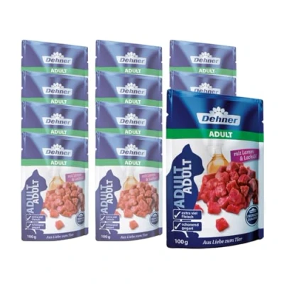 Afbeelding van Dehner Premium kattenvoer, nat voer voor volwassen katten, lam/zalmolie, 12 x 100 g zak (1,2 kg)