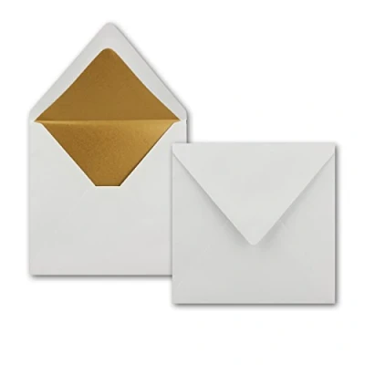 Afbeelding van enveloppen, 100 vierkante 16,5 x cm, in wit met goudkleurige zijdevoering, natte plakrand 120 g/m² NEUSER PAPIER