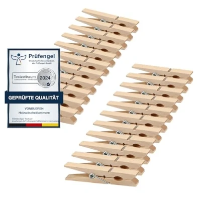 Afbeelding van VonBueren 24 x wasknijpers van hout, groot, 7 cm, houten wasknijpers, knijpers voor adventskalender of om te knutselen