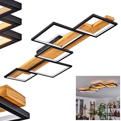 Afbeelding van LED plafondlamp Pompu, van metaal/hout/kunststof in zwart/natuur/wit, dimbaar, 4500 lumen, 3000 K, 37 Watt
