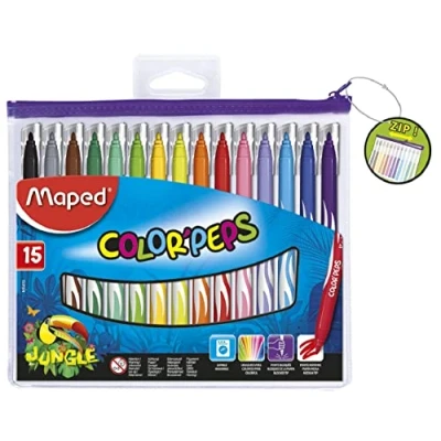 Afbeelding van Maped Jungle Color&#039;Peps viltstiften 15 wasbaar en droog medium punt levendige kleuren ideaal voor het begin van school pennenetui met ritssluiting