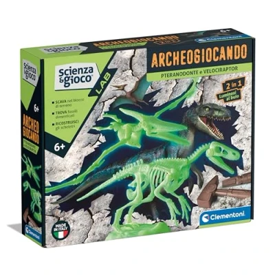 Afbeelding van Clementoni Wetenschap Lab archeogiospel Pteranodon en Velociraptor dinosaurus, fossielenset om te graven monteren, wetenschappelijk spel 7 jaar, in het Italiaans, Made Italy, meerkleurig,