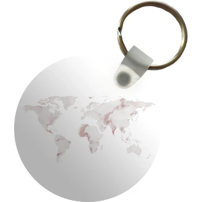 Afbeelding van Sleutelhanger Wereldkaart Wit Roze Plastic Rond Uitdeelcadeautjes