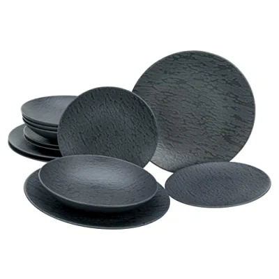 Afbeelding van CreaTable, 20540 serviesset, leisteen zwart, 12 delige bordenset van aardewerk, vaatwasser en magnetronbestendig, Made in Portugal