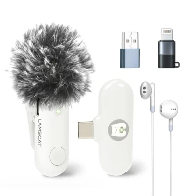 Afbeelding van LAMSCAT Draadloze microfoon voor iPhone/iPad/Android/USB C/PC, Lavalier opnamen, live streaming, YouTube, TikTok, ruisonderdrukking, geen app nodig (wit)