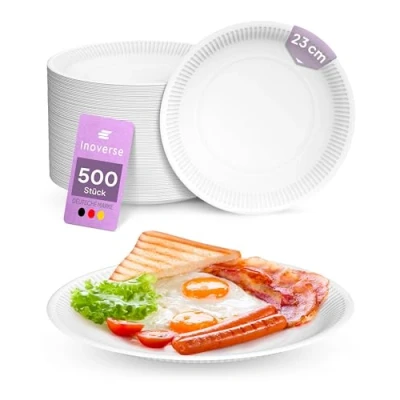 Afbeelding van Inoverse 500 stuks papieren borden, wit, wegwerpborden, rond 23 cm, milieuvriendelijk feestservies, wegwerpservies, taartborden, wegwerpborden van karton, borden