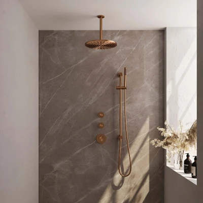 Afbeelding van Brauer Copper Edition Regendoucheset inbouw hoofddouche 30cm plafondarm 20cm 3 gladde knoppen handdouche staaf 1 stand PVD geborsteld