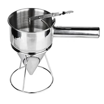 Afbeelding van Nizirioo Pepertrechter, pannenkoekendeegdispenser, roestvrij staal, deegportioneerder, keukentrechter, vultrechter, batter trechter met rek, baktrechter voor thuis, keuken, bakkerij, cake, desserts,