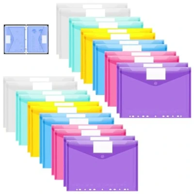 Afbeelding van 24 stuks documentenmap A4 documententas met drukknop transparante verzamelmappen 11 bindgaten en labeltas 6 kleuren kunststof organizer tas