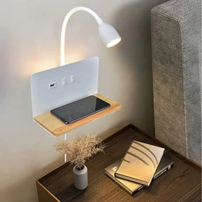 Afbeelding van Dimbare LED Wandlamp, Wandlampen met USB ladestation en draadloze oplader, slaapkamer bedleeslamp, leeslampje 3000K achtergrondverlichtingseffect, flexibele zwanenhals leeslamp