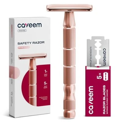Afbeelding van CAVEEM scheermes met twee messen, 5 roestvrijstalen scheermesjes, voor mannen en vrouwen, herbruikbaar van metaal, roségoud
