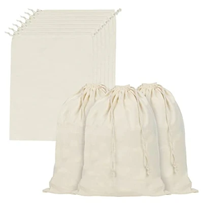 Afbeelding van Belle Vous 10 Pak Katoenen Mousseline Product Opslag Tassen met Trekkoord L40 x H50 cm Herbruikbaar, Biologisch Afbreekbaar &amp; Eco Vriendelijk Groente Canvas