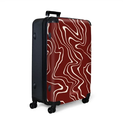 Afbeelding van NoBoringSuitcases.com® Koffer groot Reiskoffer lichtgewicht Rode achtergrond met abstracte beige lijnen Rolkoffer 4 wielen Grote trolley XL 98 liter bagage