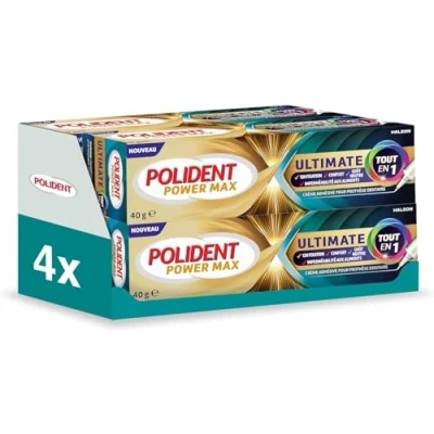 Afbeelding van Polident Power Max Ultimate All in 1, fixeercrème, 12 uur, voor tandprothesen, neutrale smaak, zonder kleurstoffen, 4 x 40 g
