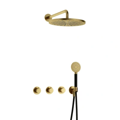 Afbeelding van Hotbath Cobber Regendoucheset IBS70 Geborsteld Messing PVD Ronde handdouche 30cm Hoofddouche Wandarm Handouche met wandhouder