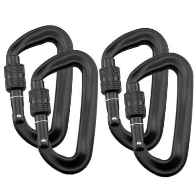 Afbeelding van Intirilife set van 4 karabijnhaken 12 kN 1200 kg Zwart 8.2 x 4.6 1.5cm D vormige schroefkarabijnhaak, draaivergrendeling, haak voor hangmatten, kamperen, wandelen, hondenriem, sleutelhanger