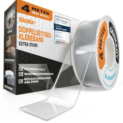 Afbeelding van BAURIX® nano Plakband Dubbelzijdig [4m] Extra sterke dubbelzijdige tape Wasbare silicone double sided transparant Veelzijdige magic