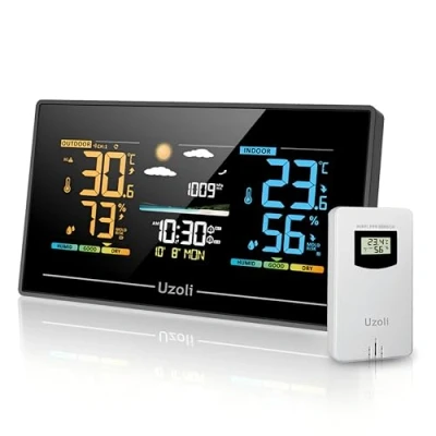 Afbeelding van Uzoli Weerstation met buitensensoren draadloos Kleurendisplay Thermometer Hygrometer voor binnen buiten Wekker Weersvoorspelling Luchtdruk Comfortniveau Schimmelrisico thuis EM3405