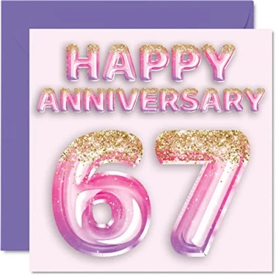 Afbeelding van Mooie 67e verjaardag kaart voor vrouw vriendin man vriend roze paarse glitter ballonnen Happy 67 Anniversary Cards uit Family, 145 mm x wenskaarten zevenenzestig jubilea