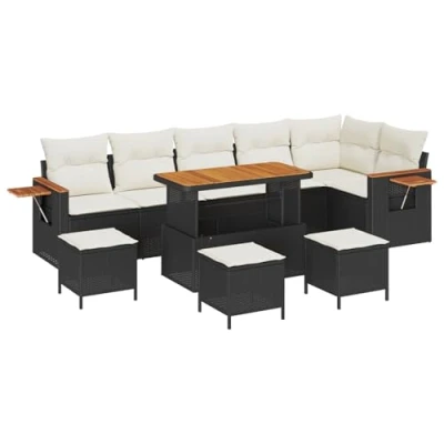 Afbeelding van vidaXL 10 delige Tuinsofa Set met Kussens Zwart Poly Rattan Acacia, 4 Tuin Eet Acacia