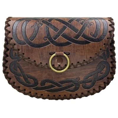 Afbeelding van HiiFeuer Viking riemtas met reliëf, Vintage Middeleeuws Bijzetstuk van imitatieleer, Middeleeuwen draagbaar riemtasje voor LARP Ren Faire(Bruin A)