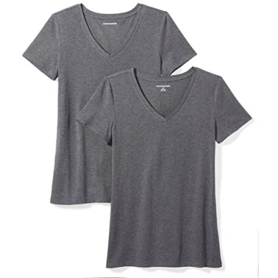 Afbeelding van Amazon Essentials Women&#039;s T shirt met korte mouwen en V hals in klassieke pasvorm, Pack of 2, Houtskoolzwart, XXL