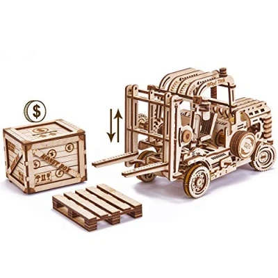 Afbeelding van Wood Trick Vorkheftruck 3D houten puzzel voor volwassenen en kinderen om te bouwen, met pallet kleine spaarpot, wrijvingsaangedreven handmatige hefbediening, mechanisch modelmodel van hout