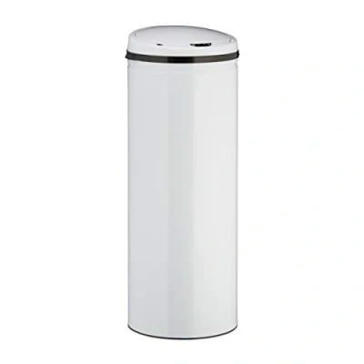 Afbeelding van Relaxdays sensor prullenbak 50l, ronde rvs vuilnisbak, elektrische deskel, automatisch, groot, HxD: 80 x 30 cm, wit