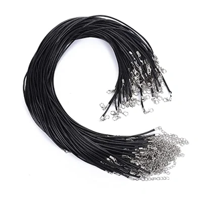 Afbeelding van 100 stuks 2 mm zwarte gewaxte halskettingskoorden, leren band, ketting met sluiting, voor halsketting, snoer, doe het zelf sieraden, 45 cm + 5