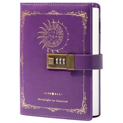 Afbeelding van Sterrenbeeld lederen dagboek met slot, Zodiac Moon Sun om te schrijven, B6 notitieboekje gelinieerd papier voor dames en heren (paars)